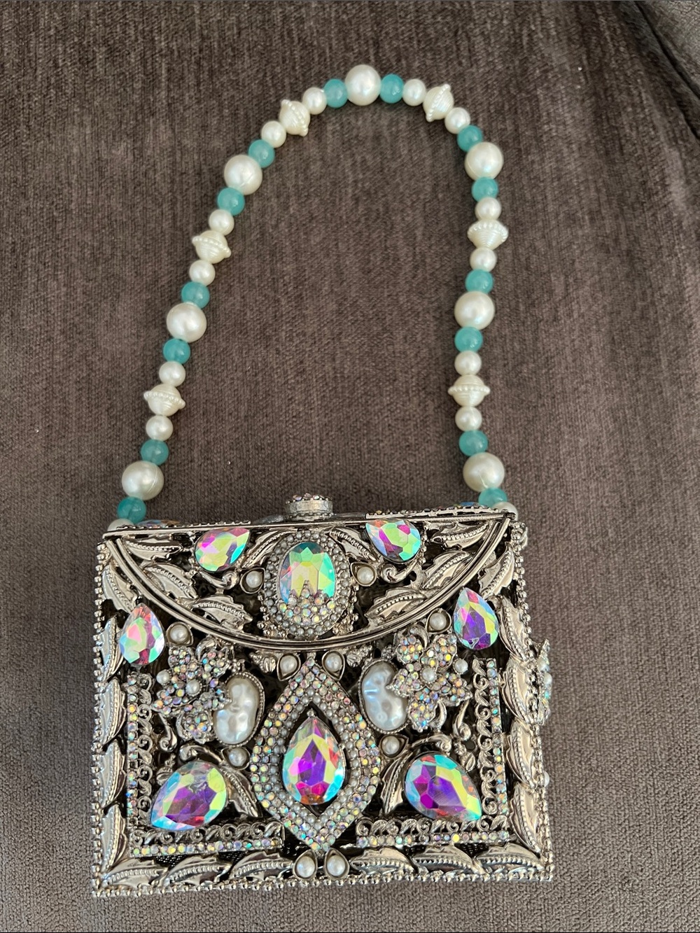 Bejeweled Silver Evening Bag with Iridescent Gems and Pearl-Aqua Beaded Handle